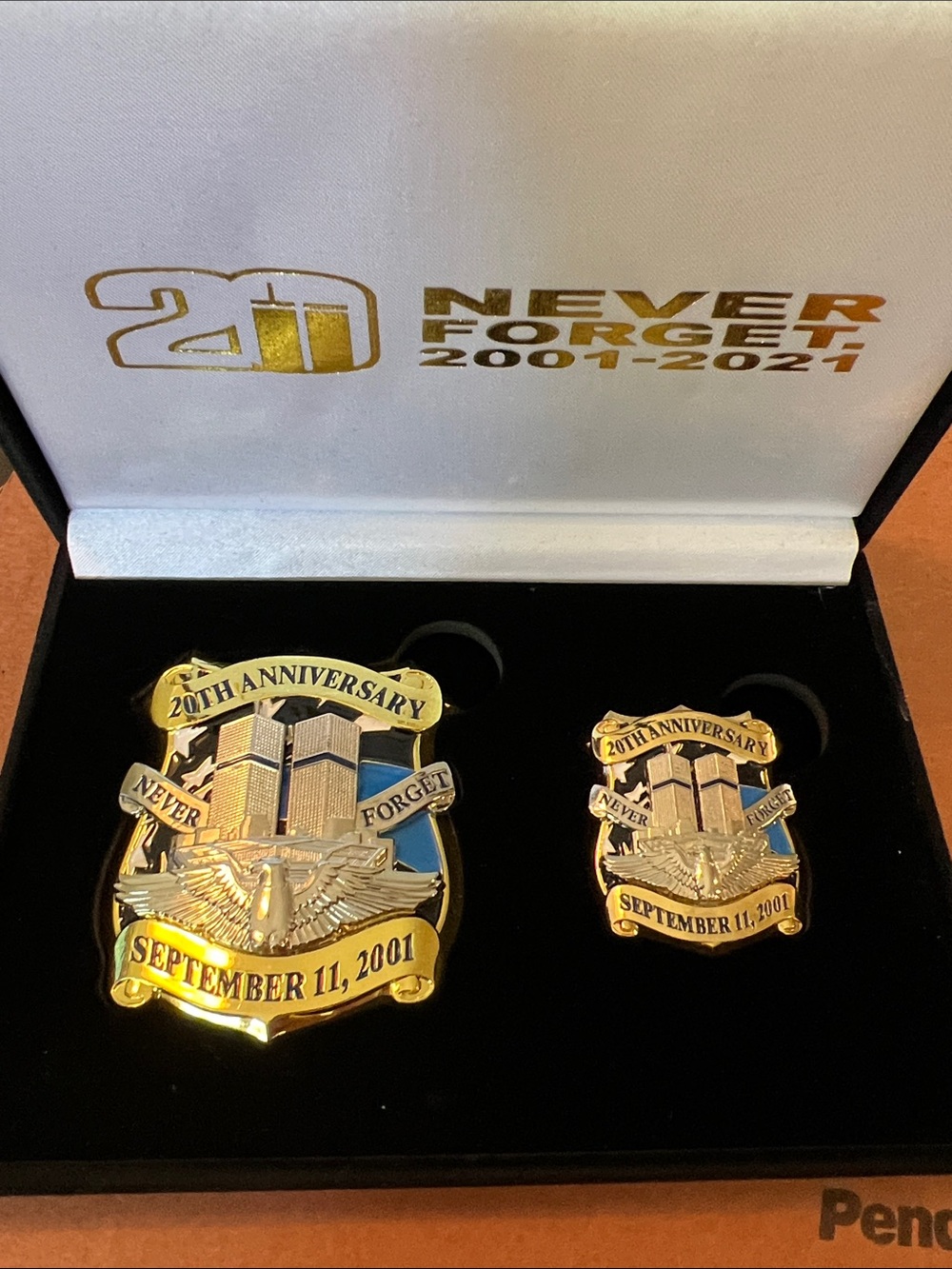 Police Gold and Blue 20th Anniversary September 11, 2001 Commemorative Badge Set